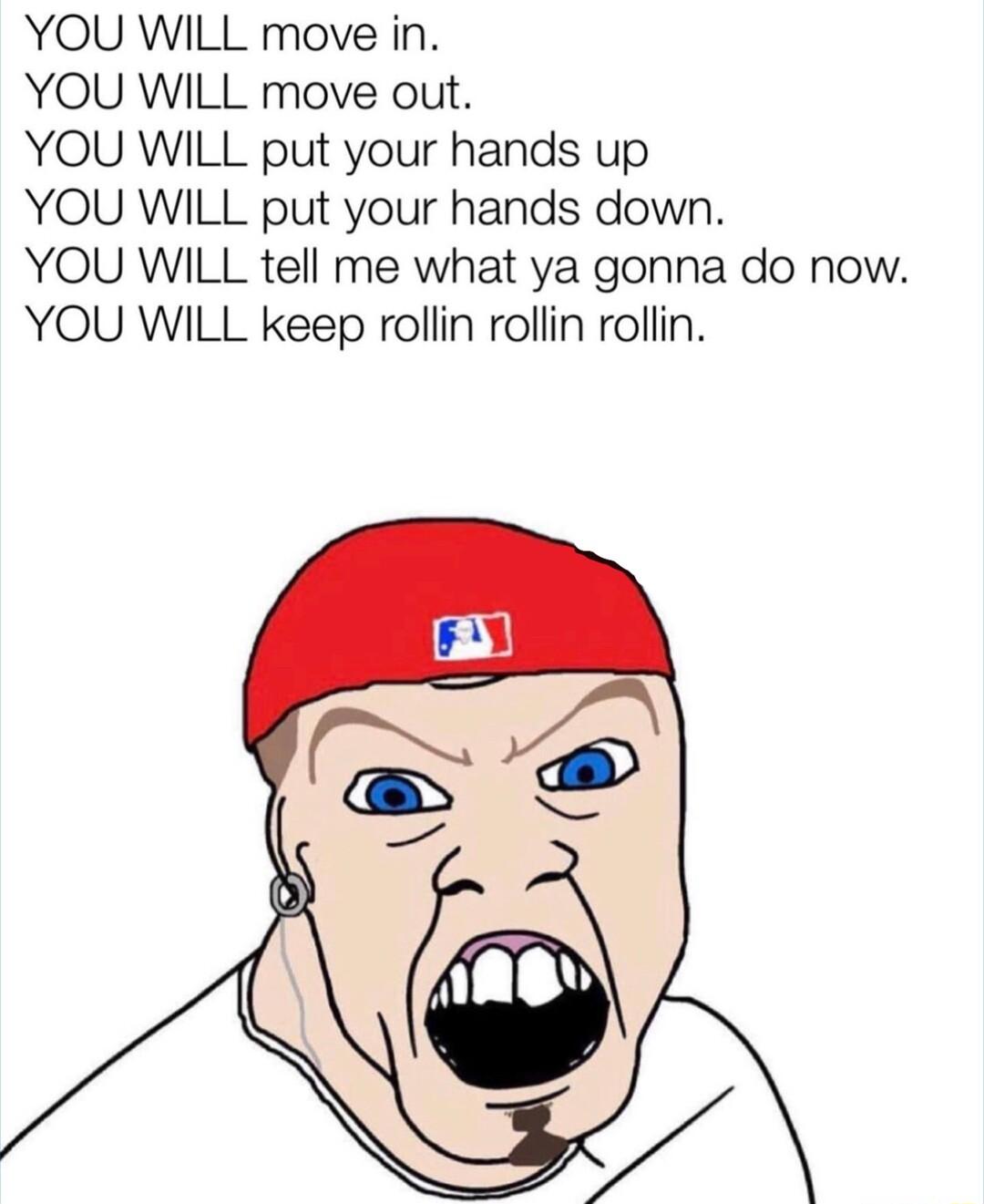 YOU WILL move in YOU WILL move out YOU WILL put your hands up YOU WILL put your hands down YOU WILL tell me what ya gonna do now YOU WILL keep rollin rollin rollin
