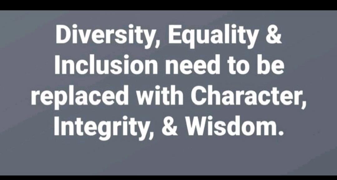 Diversity, Equality & Inclusion need to be replaced with Character, Integrity, & Wisdom.