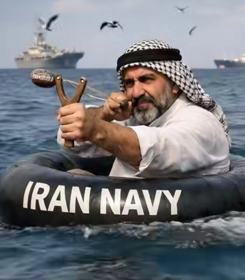 IRAN NAVY BULTAWA. A man in an inflatable boat labeled 'IRAN NAVY' aims a slingshot with a rock at large ships in the background.