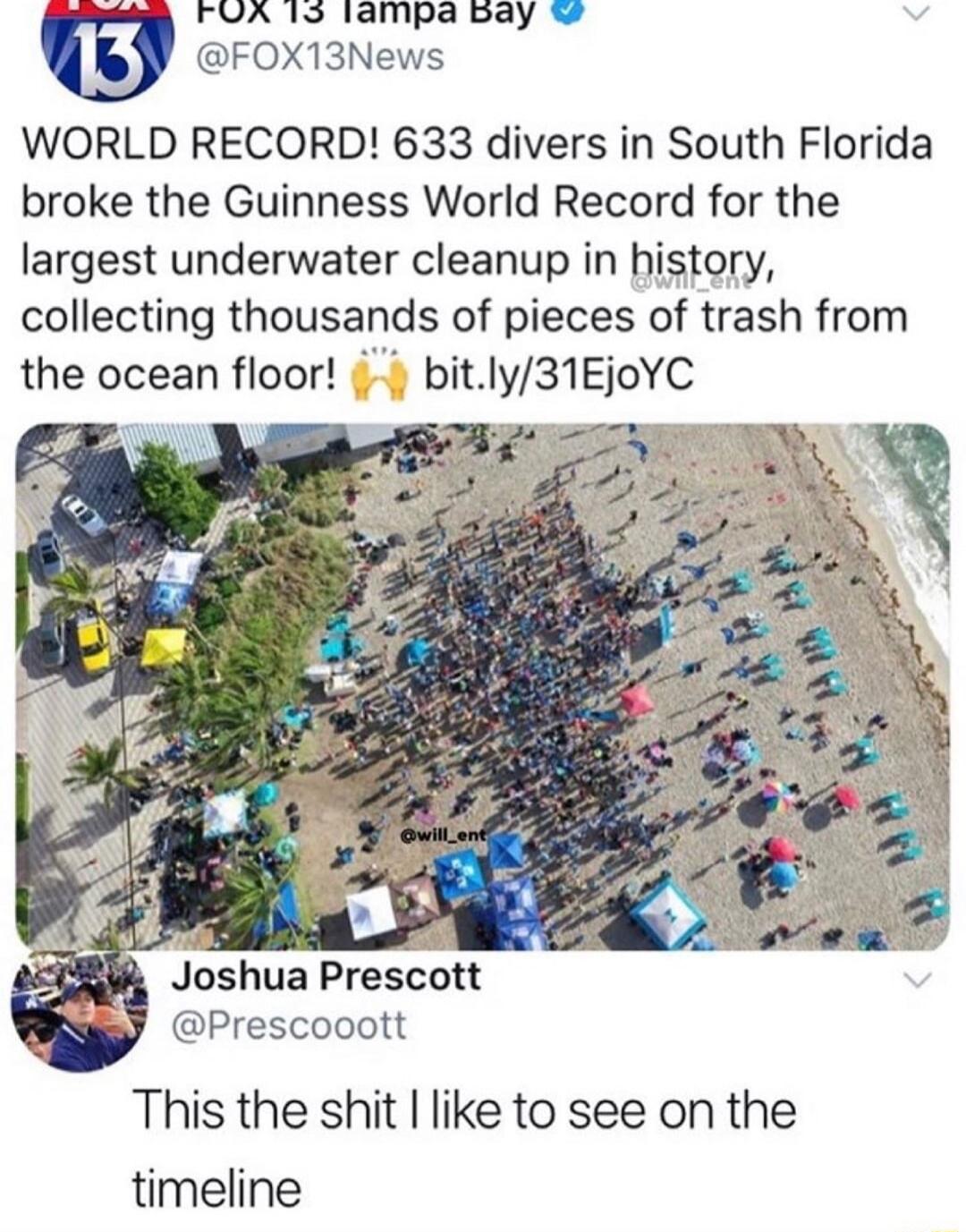 A FVA 19 lampa bay g FOX13News WORLD RECORD 633 divers in South Florida broke the Guinness World Record for the largest underwater cleanup in history collecting thousands of pieces of trash from the ocean floor bitly31EjoYC Joshua Prescott LW H Prescooott This the shit like to see on the timeline