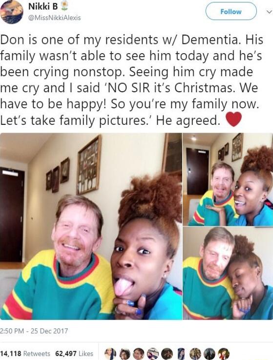 Don is one of my residents w/ Dementia. His family wasn’t able to see him today and he’s been crying nonstop. Seeing him cry made me cry and I said ‘NO SIR it’s Christmas. We have to be happy! So you’re my family now. Let’s take family pictures.’ He agreed. ❤️