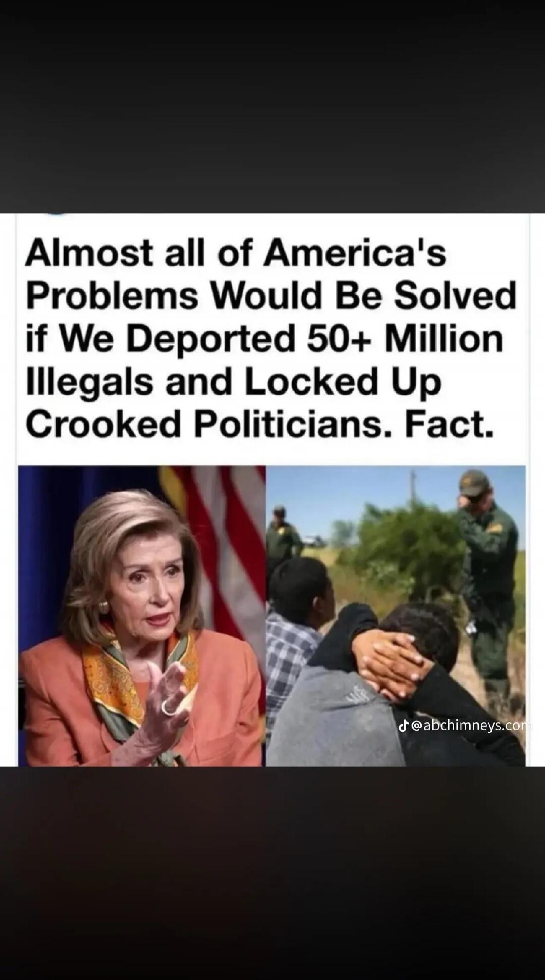Almost all of America's Problems Would Be Solved if We Deported 50+ Million Illegals and Locked Up Crooked Politicians. Fact.