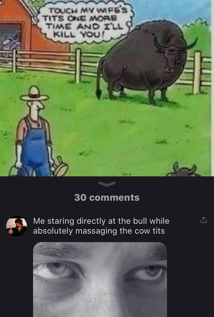 TOUCH MY WIFSS TITS ONE MORE TIME AND ILL 30 comments B Ve staring directly at the bull while absolutely massaging the cow tits