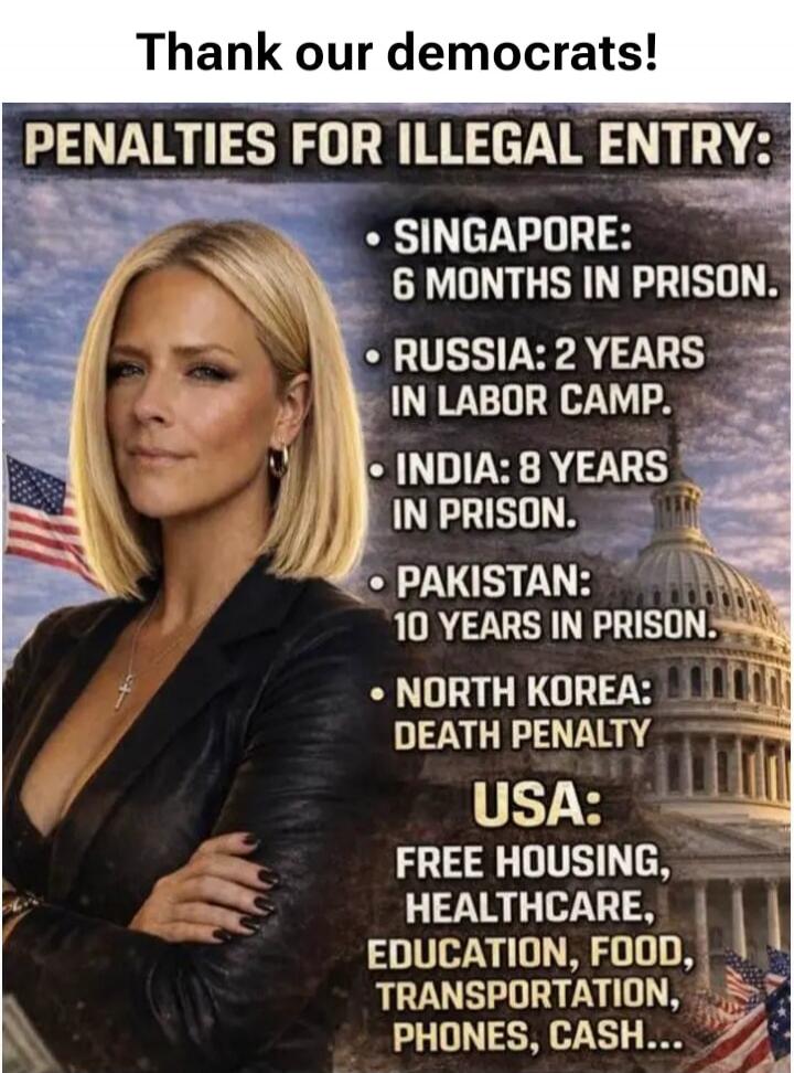 Thank our democrats! PENALTIES FOR ILLEGAL ENTRY: SINGAPORE: 6 MONTHS IN PRISON. RUSSIA: 2 YEARS IN LABOR CAMP. INDIA: 8 YEARS IN PRISON. PAKISTAN: 10 YEARS IN PRISON. NORTH KOREA: DEATH PENALTY USA: FREE HOUSING, HEALTHCARE, EDUCATION, FOOD, TRANSPORTATION, PHONES, CASH...