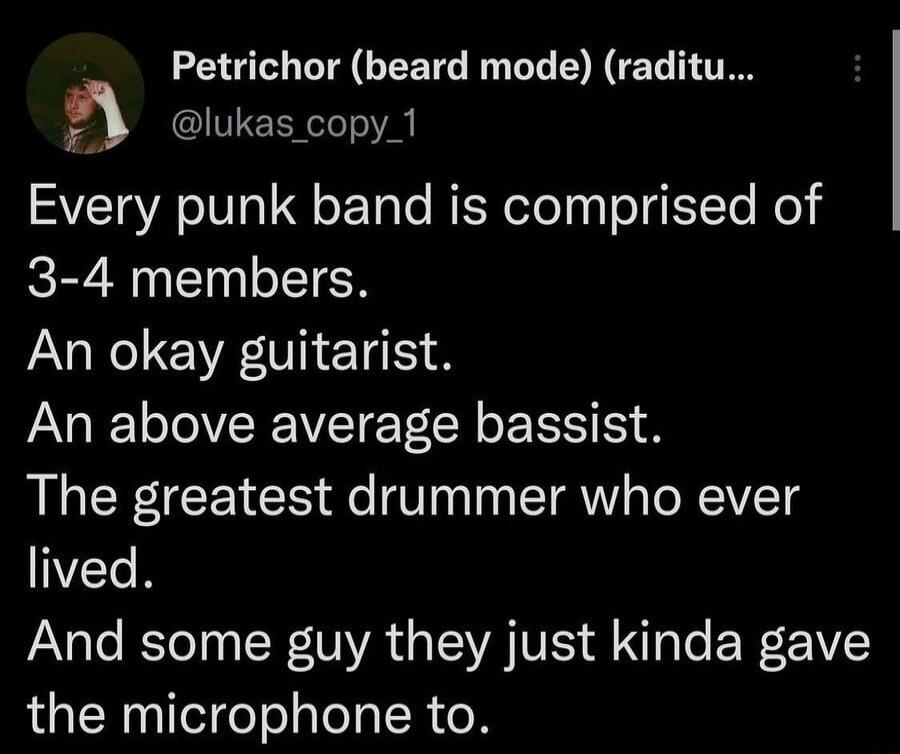 Petrichor beard mode raditu 3 lukas copy 1 Every punk band is comprised of 3 4 members An okay guitarist An above average bassist The greatest drummer who ever ZTeH And some guy they just kinda gave the microphone to