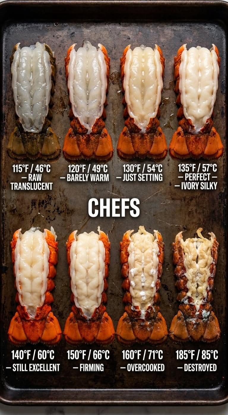 115°F / 46°C - RAW TRANSLUCENT. 120°F / 49°C - BARELY WARM. 130°F / 54°C - JUST SETTING. 135°F / 57°C - PERFECT - IVORY SILKY. CHEFS. 140°F / 60°C - STILL EXCELLENT. 150°F / 66°C - FIRMING. 160°F / 71°C - OVERCOOKED. 185°F / 85°C - DESTROYED.