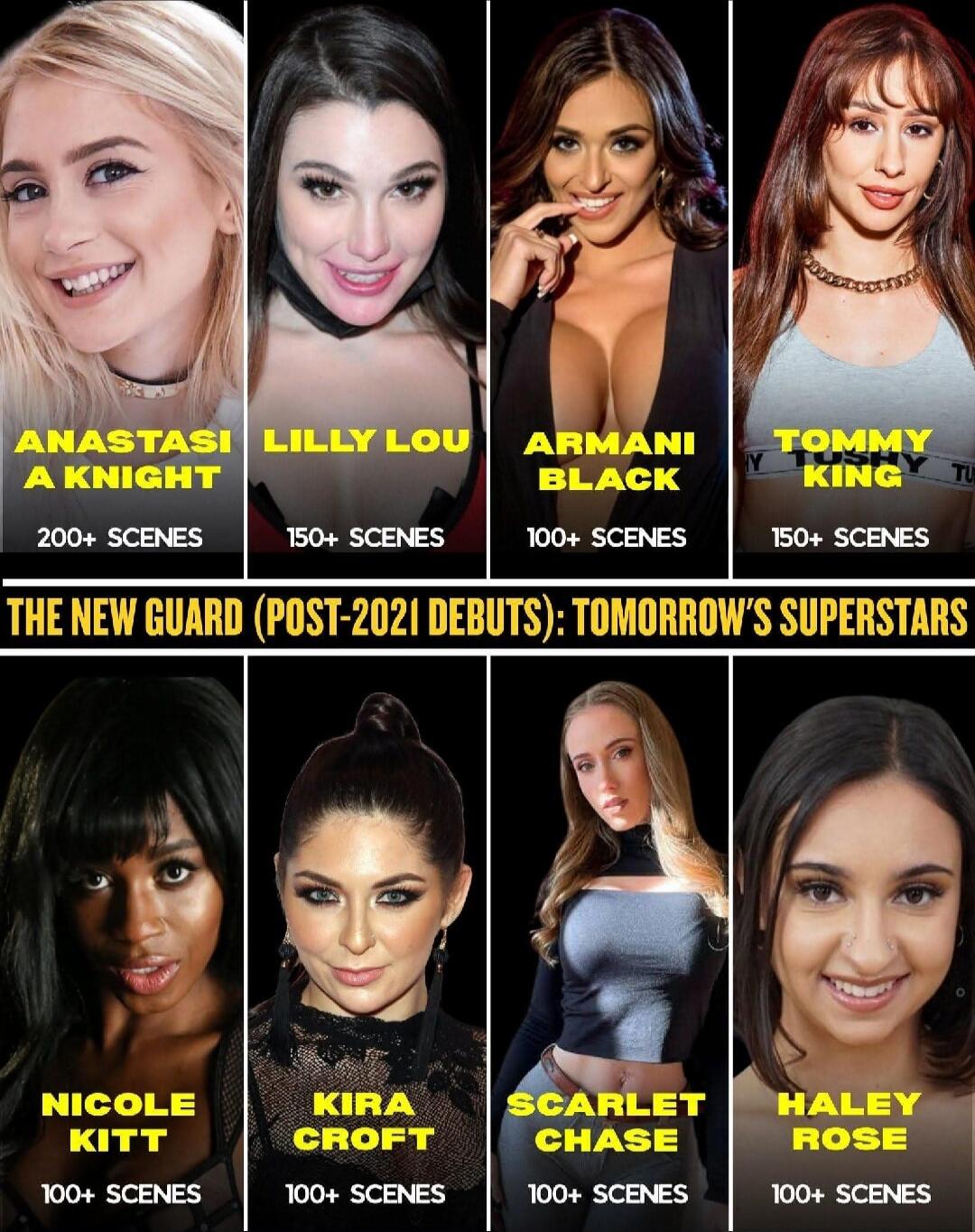 ANASTASIA KNIGHT
LILLY LOU
ARIANI BLACK
TOMMY Y KING
NICOLE KITT
KIRA CROFT
SCARLET CHASE
HALEY ROSE
THE NEW GUARD (POST-2021 DEBUTS): TOMORROW'S SUPERSTARS