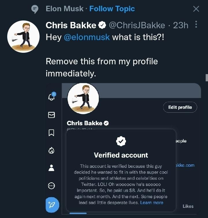 Elon Musk Follow Topic Chris Bakke ChrisBakke 23h Hey elonmusk what is this REER IR el W AT Y LB A Eanpeonia Chris Bakke o Verified account Thissccount e veried bscause thiggay kccom e o1t n it the super 200 LOLI Oh wogosow hes saooco month And the e Sams paosle Uikes 2 a loa a0 e dosperate hes Leam more 1 088 11275 28K 9