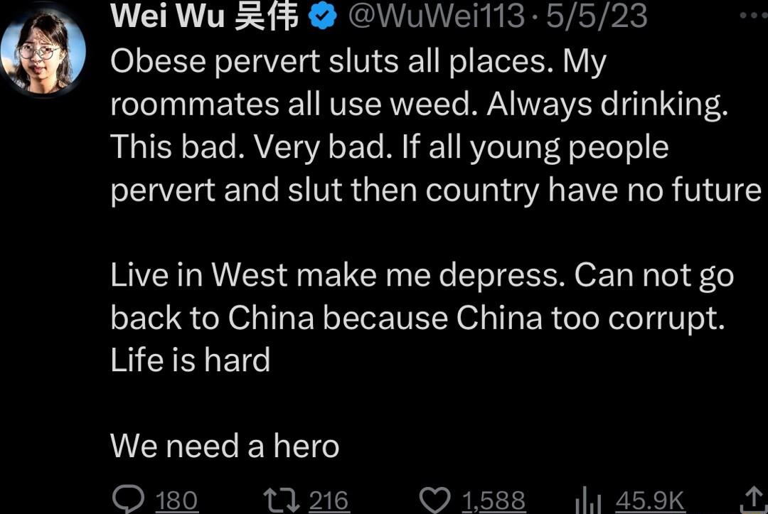 Wei Wu WuWeil13 5523 Obese pervert sluts all places My roommates all use weed Always drinking This bad Very bad If all young people pervert and slut then country have no future Live in West make me depress Can not go back to China because China too corrupt SISl MUK EECER FLN 11 216 v