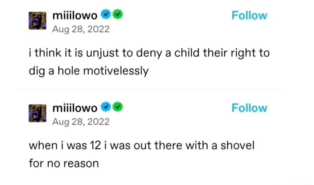 miiilowo Follow Aug 282022 i think it is unjust to deny a child their right to dig a hole motivelessly miiilowo Follow Aug 282022 when i was 12 i was out there with a shovel for no reason