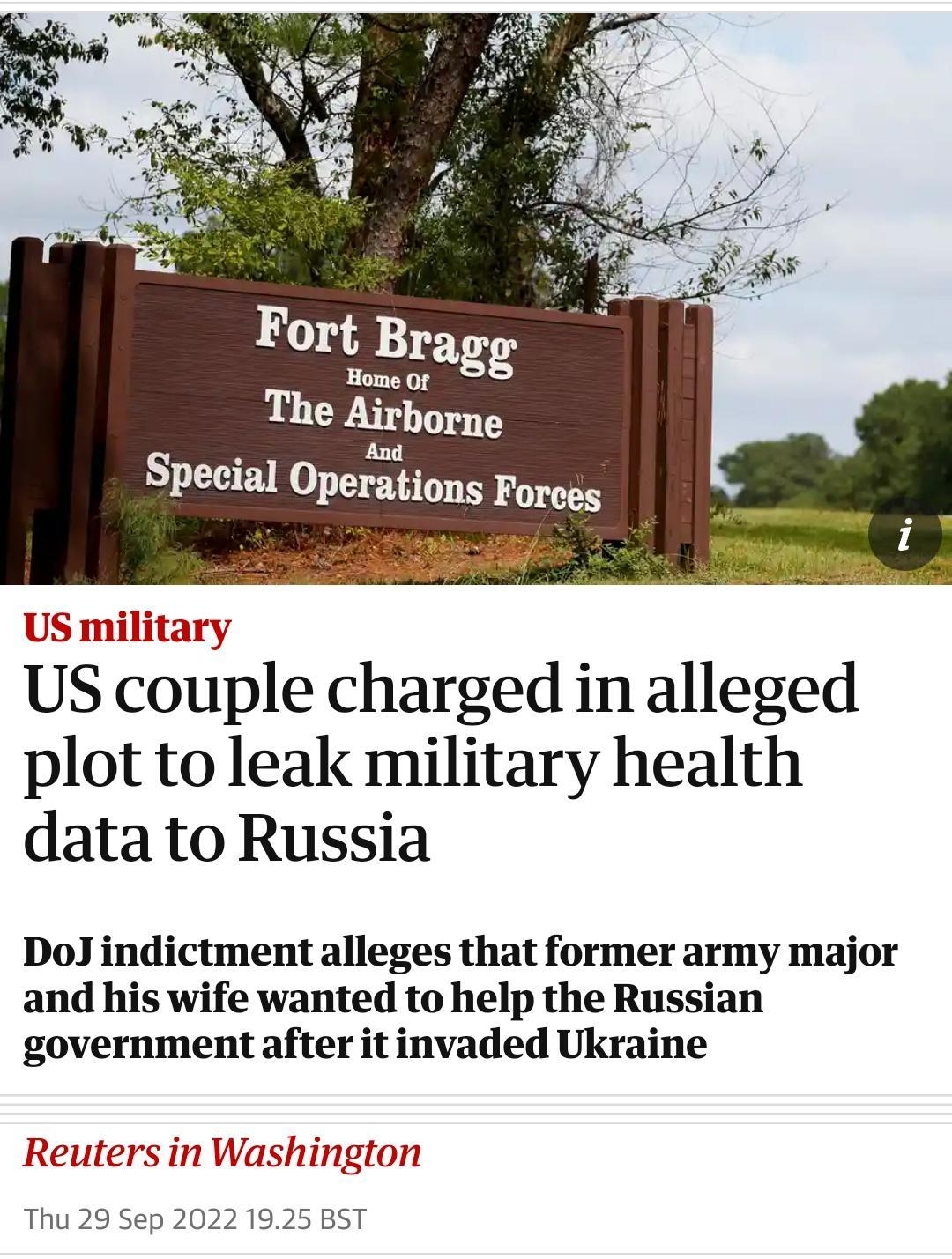 650300 il 84 O sign in The conroue Guardian bsite of the year News Opinion Sport Culture Lifestyle US World Environment Soccer US Politics More Us y US couple charged in alleged plot to leak military health data to Russia Dol indictment alleges that former army major and his wife wanted to help the Russian government after itinvaded Ukraine Reuters Thu 29 Sep 2 A former US army major and his wife 