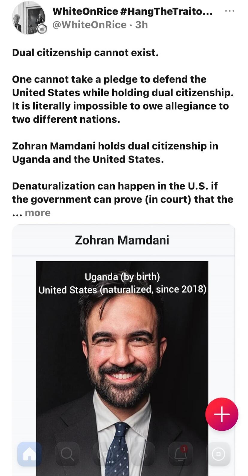 Dual citizenship cannot exist. One cannot take a pledge to defend the United States while holding dual citizenship. It is literally impossible to owe allegiance to two different nations. Zohran Mamdani holds dual citizenship in Uganda and the United States. Denaturalization can happen in the U.S. if the government can prove (in court) that the ... 