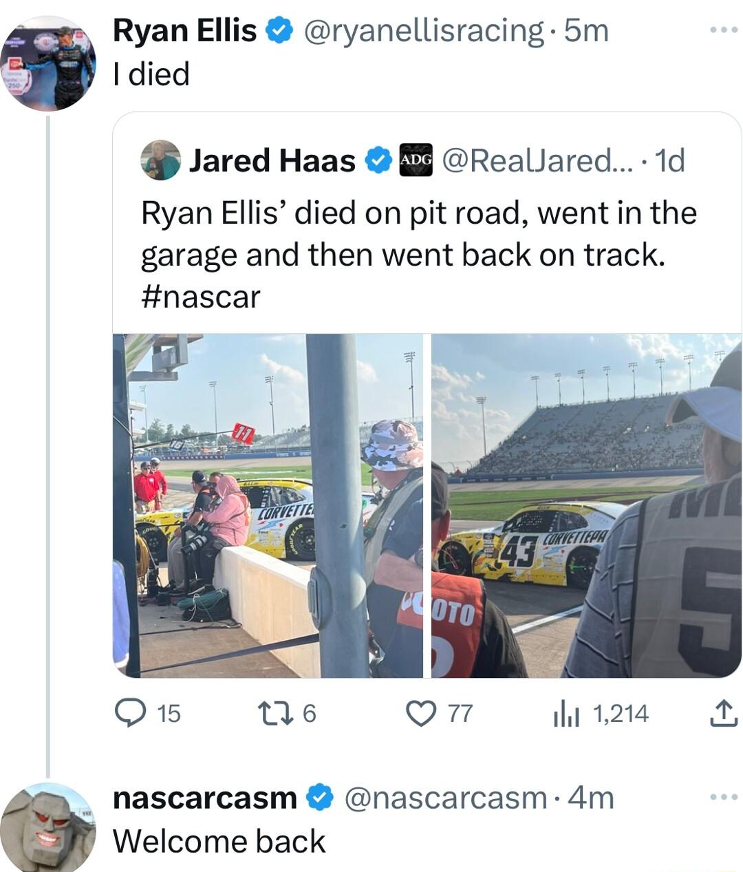 Ryan Ellis ryanellisracing 5m died Jared Haas Reallared 1d Ryan Ellis died on pit road went in the garage and then went back on track nascar O ne on h12e nascarcasm nascarcasm 4m Welcome back