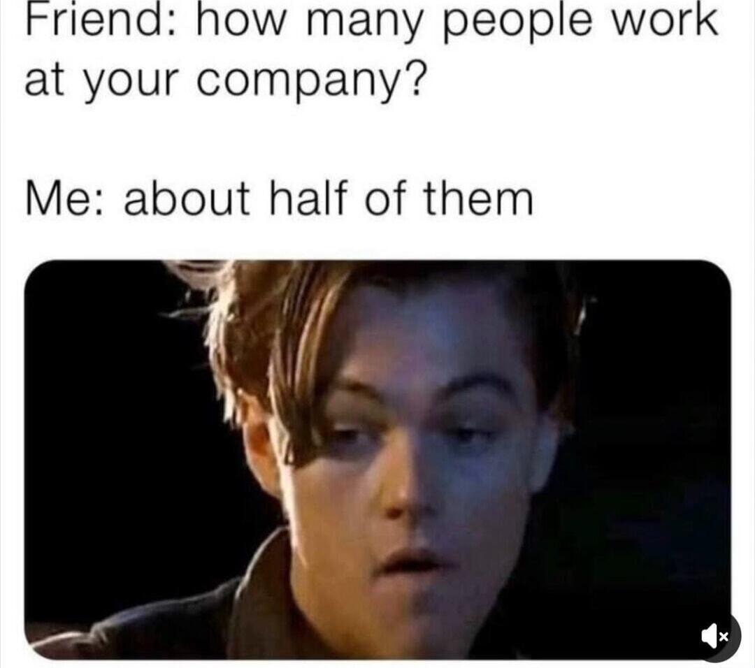 Friend: how many people work at your company? Me: about half of them