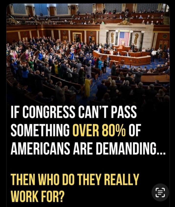 IF CONGRESS CAN'T PASS SOMETHING OVER 80% OF AMERICANS ARE DEMANDING... THEN WHO DO THEY REALLY WORK FOR?