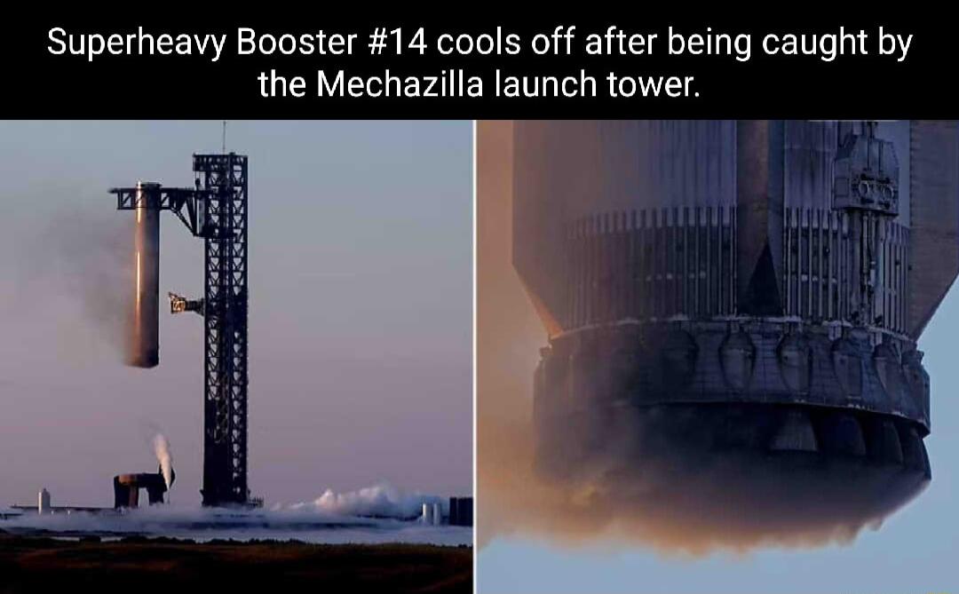 Superheavy Booster 14 cools off after being caught by the Mechazilla launch tower