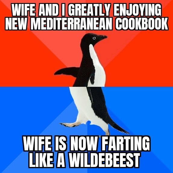 WIFEANDIGREATLYENJOYING NEWMEDITERRANEAN COOKBOOK WIFE IS NOWIFARTING LIKE WILDEBEEST