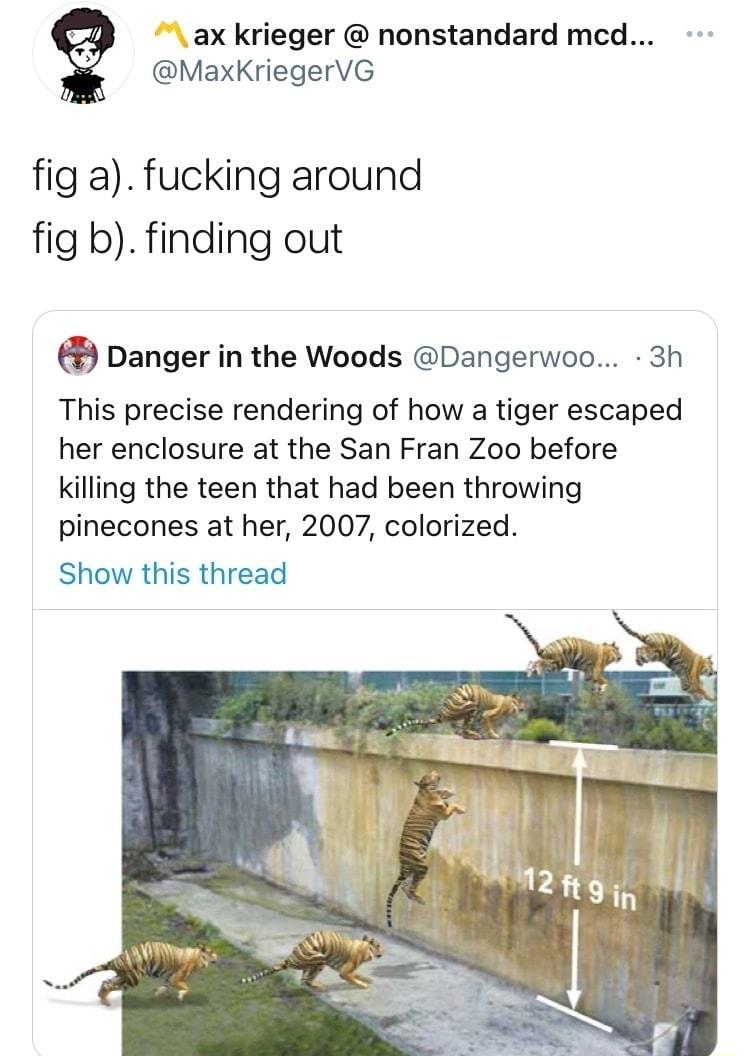 ax krieger nonstandard mcd MaxKriegerVG fig a fucking around fig b finding out Danger in the Woods Dangerwoo 3h This precise rendering of how a tiger escaped her enclosure at the San Fran Zoo before killing the teen that had been throwing pinecones at her 2007 colorized Show this thread