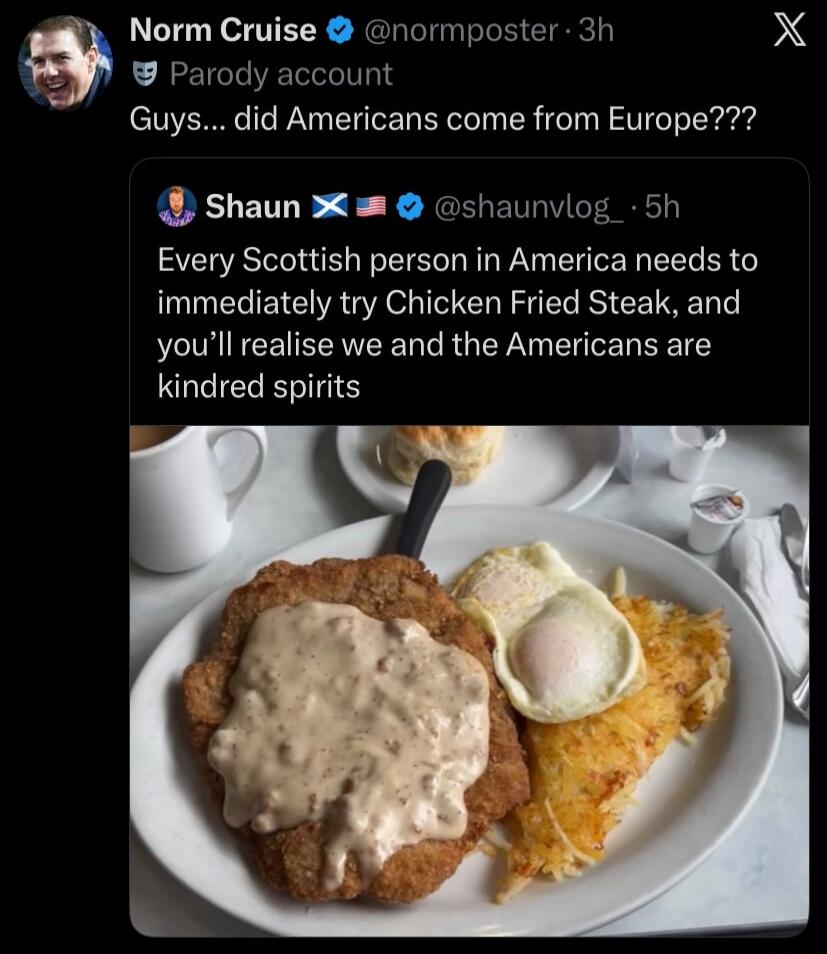 Norm Cruise @normposter 3h Parody account Guys... did Americans come from Europe??? Shaun @shaunvlog_ 5h Every Scottish person in America needs to immediately try Chicken Fried Steak, and you'll realise we and the Americans are kindred spirits. Image shows a plate with chicken fried steak, gravy, two fried eggs, and hash browns.