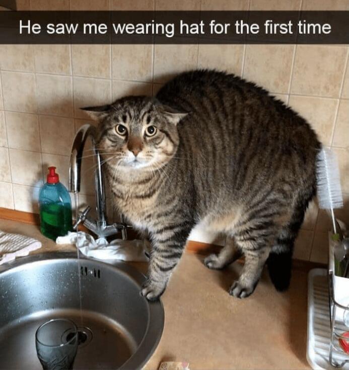 B He saw me wearing hat for the first time