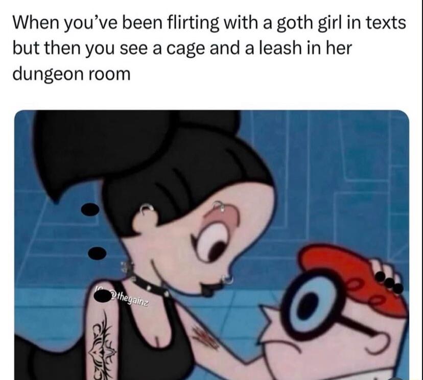 When youve been flirting with a goth girl in texts but then you see a cage and a leash in her dungeon room
