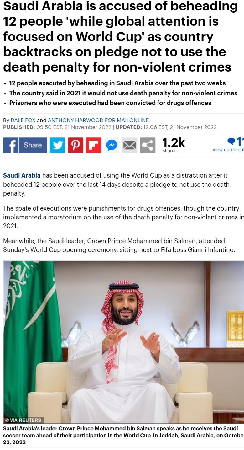 Saudi Arabia is accused of beheading 12 people while global attention is focused on World Cup as country backtracks on pledge not to use the death penalty for non violent crimes 12 people executed by beheading in Saudi Arabia over the past two weeks The country said in 2021 t would not use death penalty for non violent crimes Prisoners who were executed had been convicted for drugs offences By DAL
