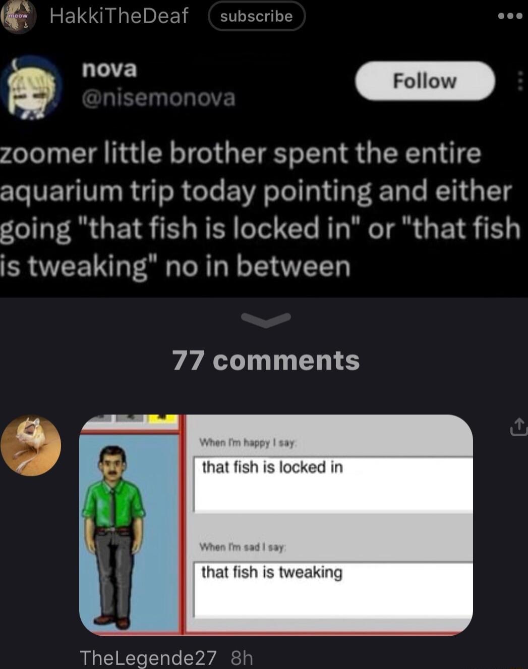 akkiTheDeaf subscribe Folow zoomer little brother spent the entire aquarium trip today pointing and either going that fish is locked in or that fish BRI T a N N T 77 comments Thelegende27 8h
