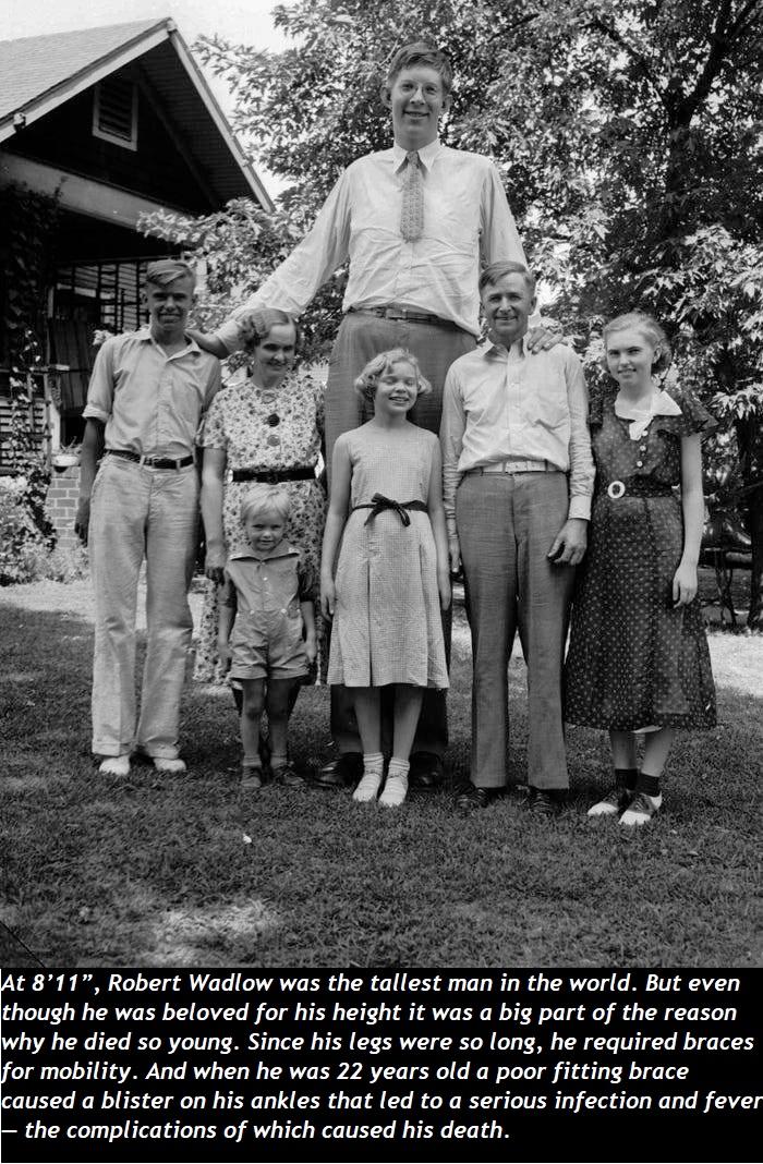 F o AR t 8117 Robert Wadlow was the tallest man in the world But even though he was beloved for his height it was a big part of the reason why he died so young Since his legs were so long he required braces or mobility And when he was 22 years old a poor fitting brace aused a blister on his ankles that led to a serious infection and fever the complications of which caused his death