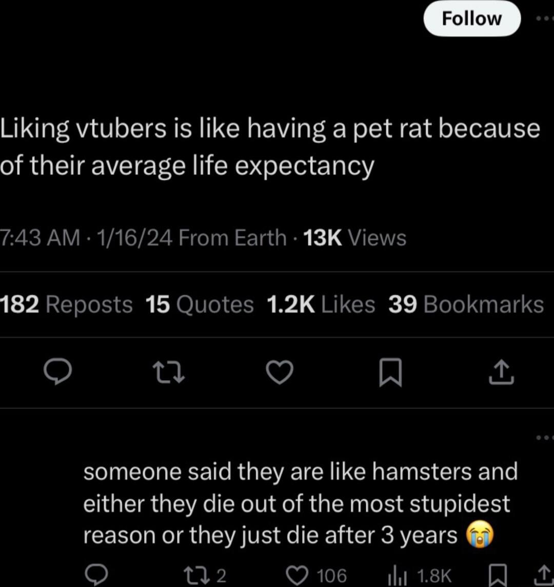 Follow Liking vtubers is like having a pet rat because of their average life expectancy W VR VAT Z ST TGR 1 QUEITE 182 Reposts 15 Quotes 12K Likes 39 Bookmarks O 0 V H someone said they are like hamsters and either they die out of the most stupidest reason or they just die after 3 years 12 Q16 fy18k A