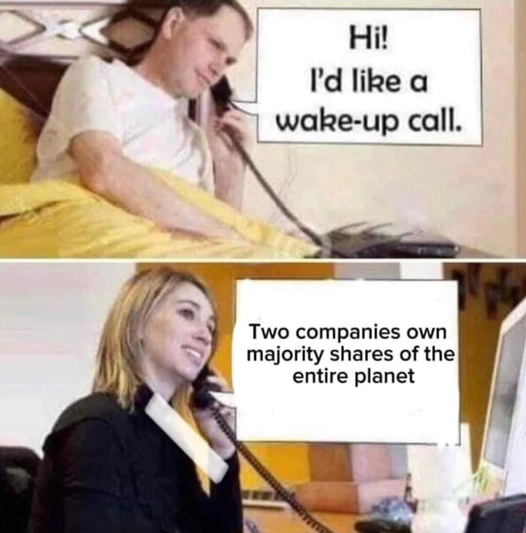 Hi Idlikea wube up call Two companies own majority shares of the entire planet