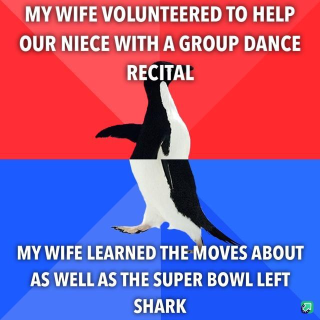 MY WIFE VOLUNTEERED TO HELP OUR NIECE WITH A GROUP DANCE o 18 MY WIFE LEARNED THE MOVES ABOUT AS WELLAS THE SUPER BOWL LEFT SHARK a