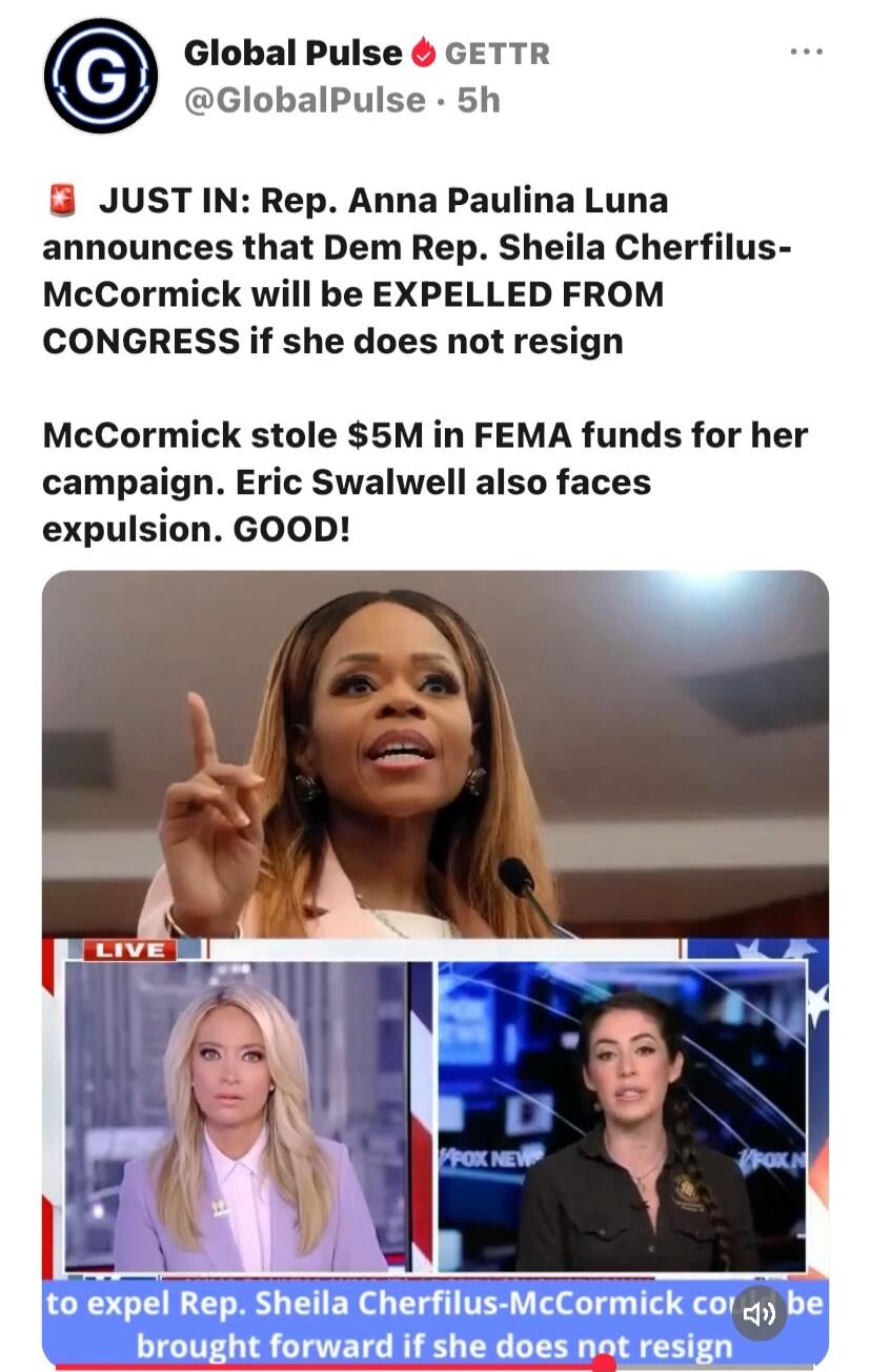 JUST IN: Rep. Anna Paulina Luna announces that Dem Rep. Sheila Cherfilus-McCormick will be EXPELLED FROM CONGRESS if she does not resign. McCormick stole $5M in FEMA funds for her campaign. Eric Swalwell also faces expulsion. GOOD! to expel Rep. Sheila Cherfilus-McCormick be brought forward if she does not resign