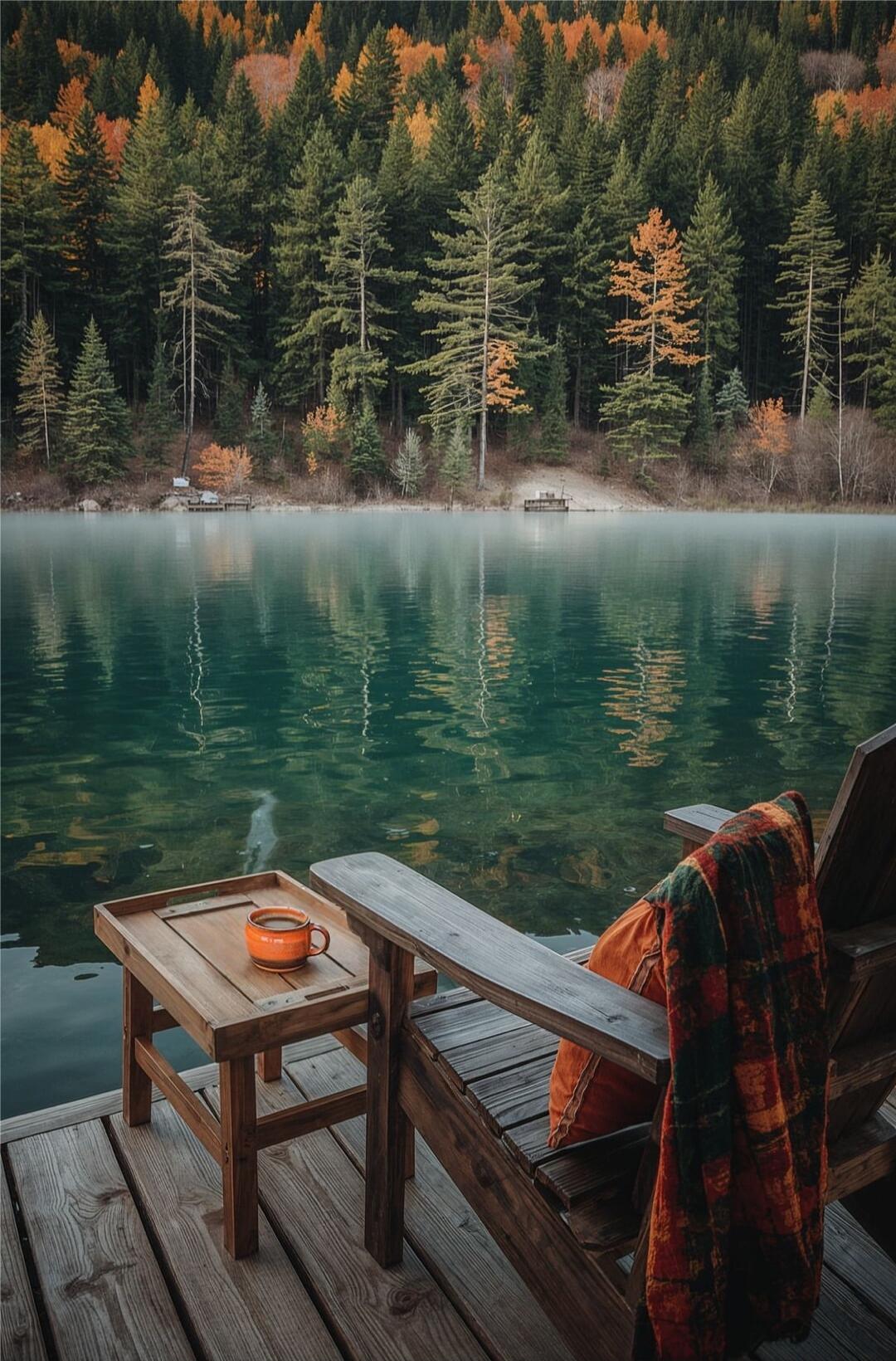 A tranquil lakeside scene with a wooden chair on a dock. A small table holds an orange mug. A plaid blanket is draped over the chair. The water is a calm turquoise, reflecting the autumn trees on the opposite shore. Fall colors in orange, yellow, and green line the forest.