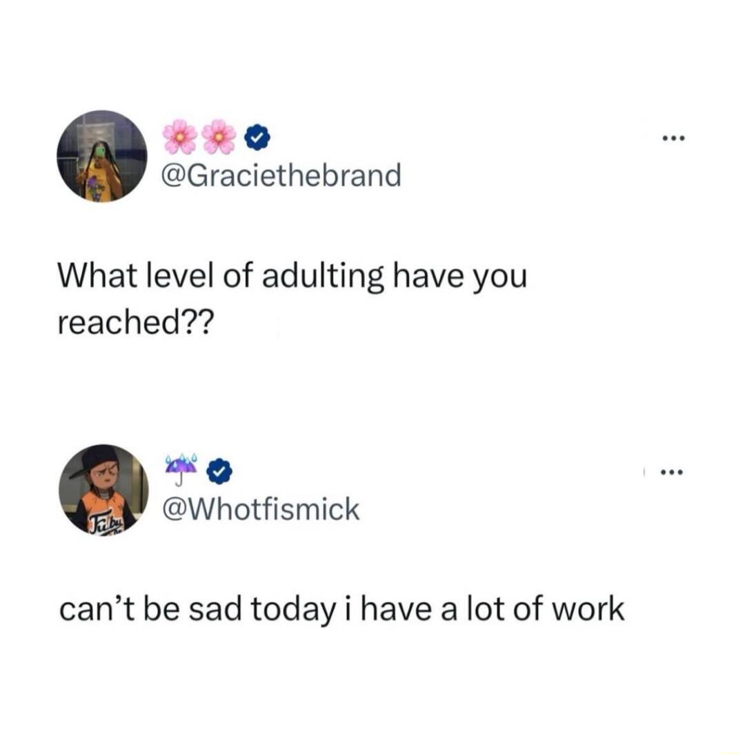 see Graciethebrand What level of adulting have you reached o Whotfismick cant be sad today i have a lot of work