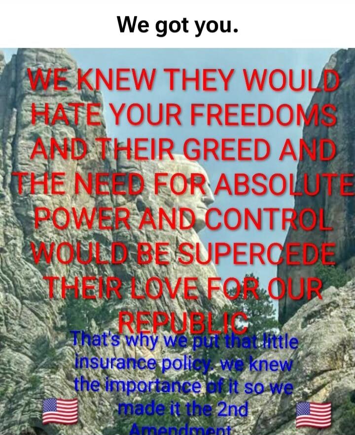 We got you. WE KNEW THEY WOULD HATE YOUR FREEDOMS AND THEIR GREED AND THE NEED FOR ABSOLUTE POWER AND CONTROL WOULD BE SUPERCEDE THEIR LOVE FOR OUR REPUBLIC. That's why we put that little insurance policy, we knew the importance of it so we made it the 2nd Amendment.