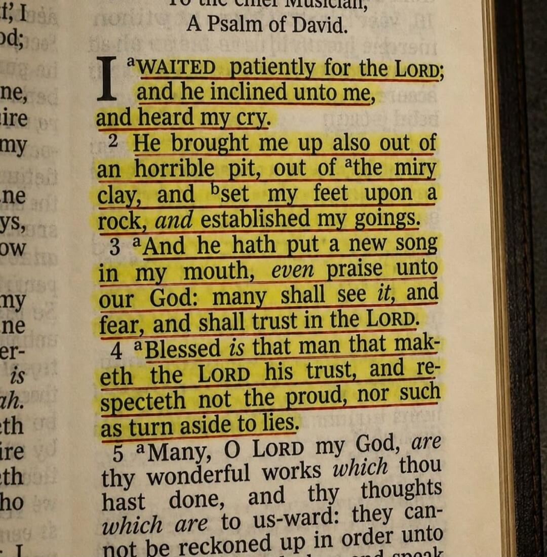 I AWAITED patiently for the LORD; and he inclined unto me, and heard my cry. He brought me up also out of an horrible pit, out of the miry clay, and set my feet upon a rock, and established my goings. And he hath put a new song in my mouth, even praise unto our God: many shall see it, and fear, and shall trust in the LORD. Blessed is that man that 