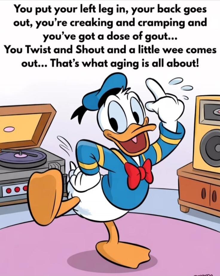 You put your left leg in, your back goes out, you're creaking and cramping and you've got a dose of gout... You Twist and Shout and a little wee comes out... That's what aging is all about!