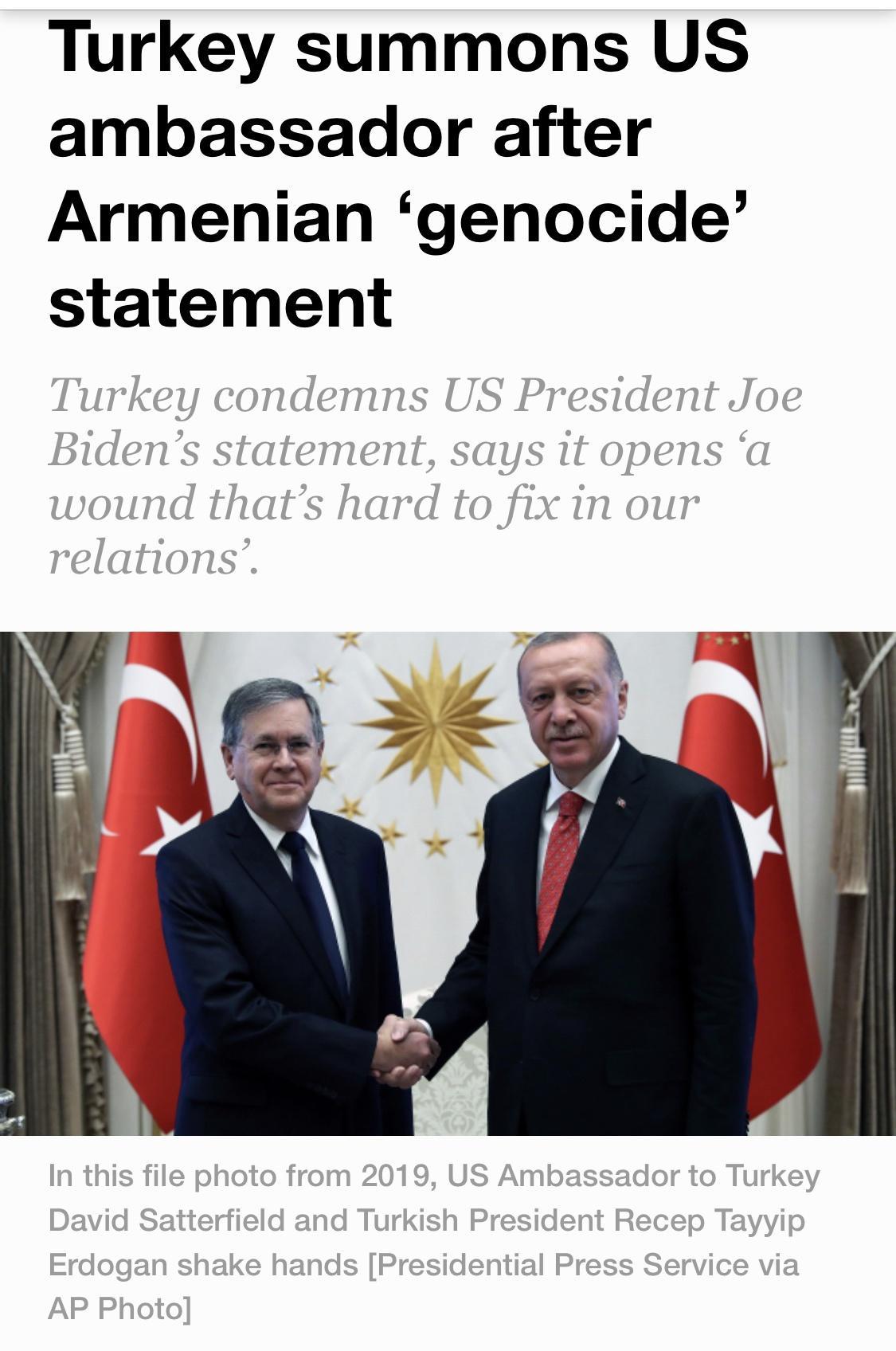 Turkey summons US ambassador after Armenian genocide statement