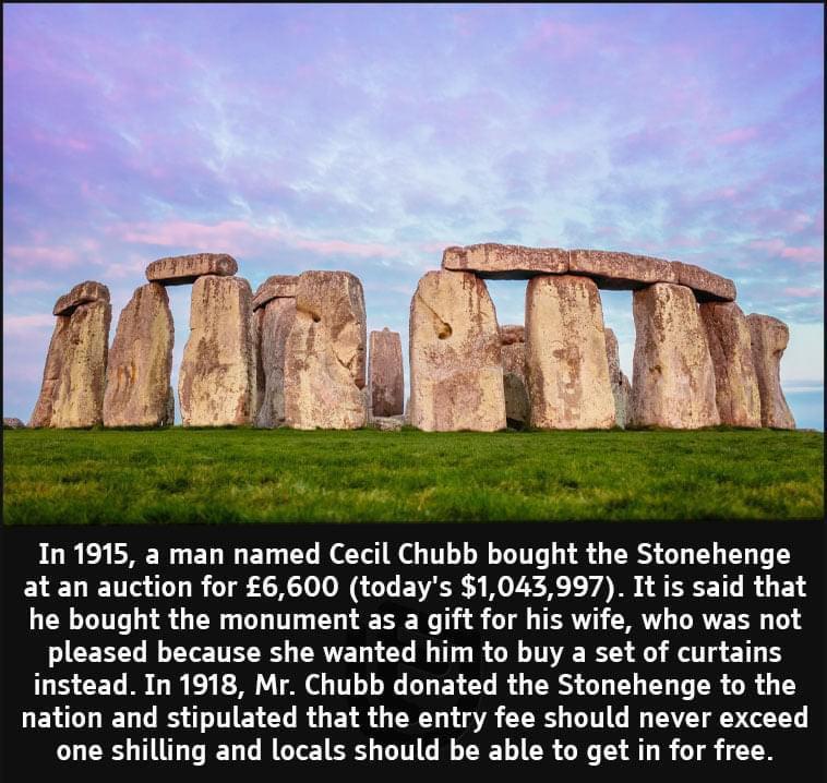 In 1915 a man named Cecil Chubb bought the Stonehenge at an auction for 6600 todays 1043997 It is said that he bought the monument as a gift for his wife who was not CEE Y B TYE TR RTET L Y T B O TV AR T g 110 instead In 1918 Mr Chubb donated the Stonehenge to the nation and stipulated that the entry fee should never exceed one shilling and locals should be able to get in for free