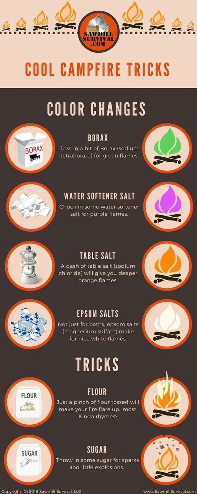 LILTYS Toss in a bit of Borax sodium tetraborate for green flames WATER SOFTENER SALT Chuck in some water softener salt for purple flames TABLE SALT A dash of table salt sodium chloride will give you deeper orange flames EPSOM SALTS Not just for baths epsom salts magnesium sulfate make for nice white flames TRICKS FLOUR 3ust a pinch of flour tossed will make your fire flare upmost Kinda thymes NI 