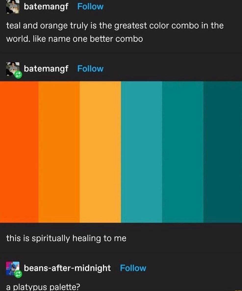 4 batemangf teal and orange truly is the greatest color combo in the world like name one better combo batemangf this is spiritually healing to me 3 beans after midnight a platypus palette