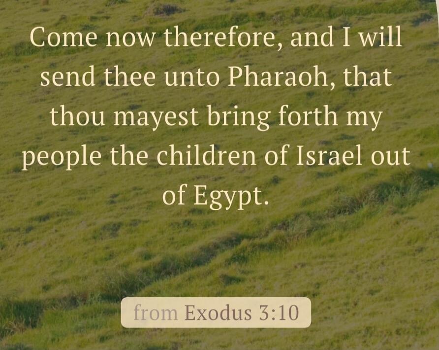 Come now therefore, and I will send thee unto Pharaoh, that thou mayest bring forth my people the children of Israel out of Egypt. from Exodus 3:10