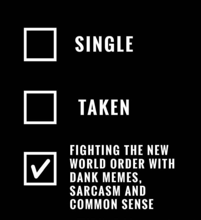 Single\nTaken\nFighting the new world order with dank memes, sarcasm and common sense\nSession ID: 1093638.
