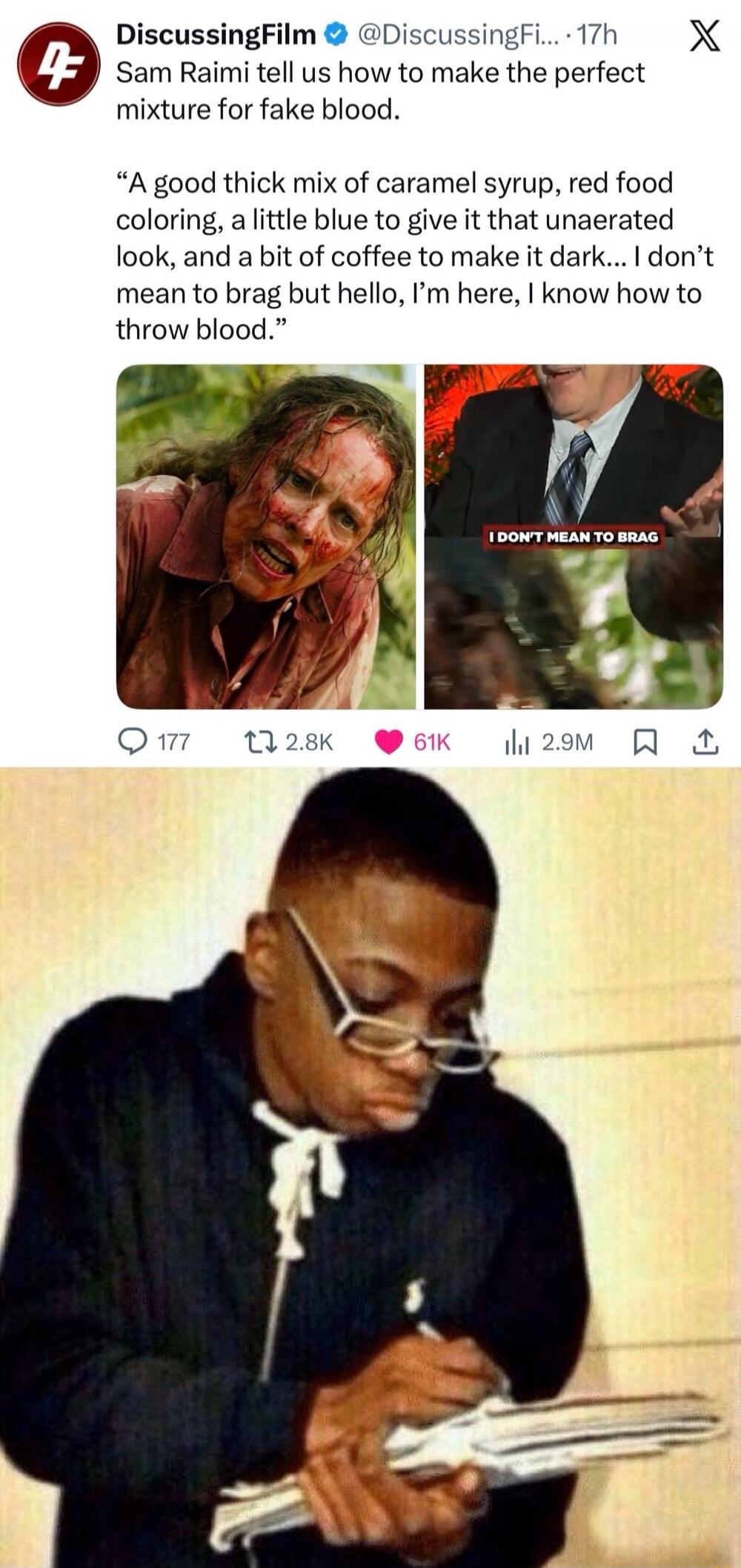 Sam Raimi tell us how to make the perfect mixture for fake blood. “A good thick mix of caramel syrup, red food coloring, a little blue to give it that unaltered look, and a bit of coffee to make it dark… I don’t mean to brag but hello, I’m here, I know how to throw blood.”