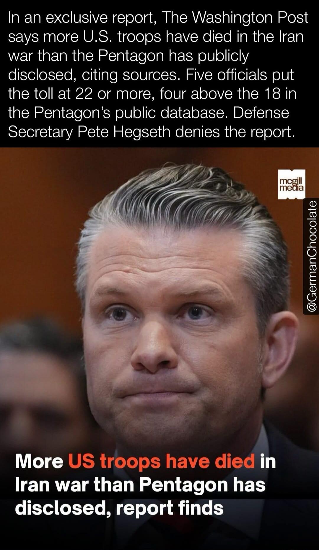 In an exclusive report, The Washington Post says more U.S. troops have died in the Iran war than the Pentagon has publicly disclosed, citing sources. Five officials put the toll at 22 or more, four above the 18 in the Pentagon's public database. Defense Secretary Pete Hegseth denies the report. More US troops have died in Iran war than Pentagon has