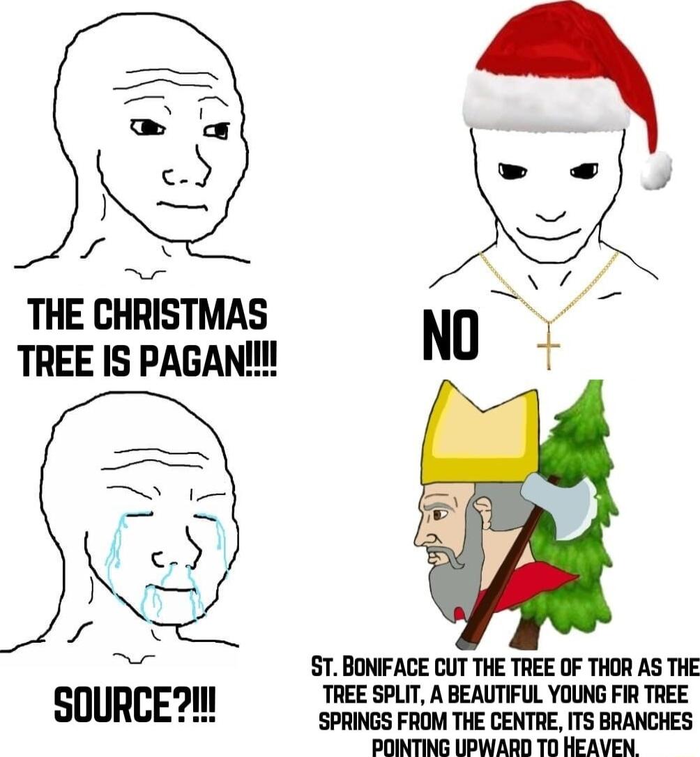 THE CHRISTMAS ND TREE IS PAGAN s X ST BONIFACE CUT THE TREE OF THOR AS THE SOURCEM TREE SPLIT A BEAUTIFUL YOUNG FIR TREE o SPRINGS FROM THE CENTRE ITS BRANCHES POINTING UPWARD TO HEAVEN