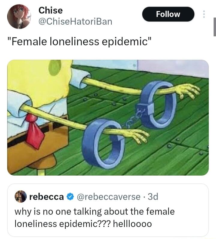 Chise Q ChiseHatoriBan m Female loneliness epidemic rebecca rebeccaverse 3d why is no one talking about the female loneliness epidemic hellloooo