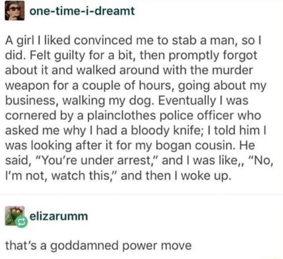 one time i dreamt A girl liked convinced me to stab a man so did Felt guilty for a bit then promptly forgot about it and walked around with the murder weapon for a couple of hours going about my business walking my dog Eventually was cornered by a plainclothes police officer who asked me why had a bloody knife told him was looking after it for my bogan cousin He said Youre under arrest and was lik