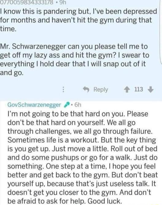 W700598343353176 9h know this is pandering but Ive been depressed for months and havent hit the gym during that time Mr Schwarzenegger can you please tell me to get off my lazy ass and hit the gym swear to everything hold dear that will snap out of it and go Reply 4 13 GovSchwarzenegger 4 6h Im not going to be that hard on you Please dont be that hard on yourself We all go through challenges we al