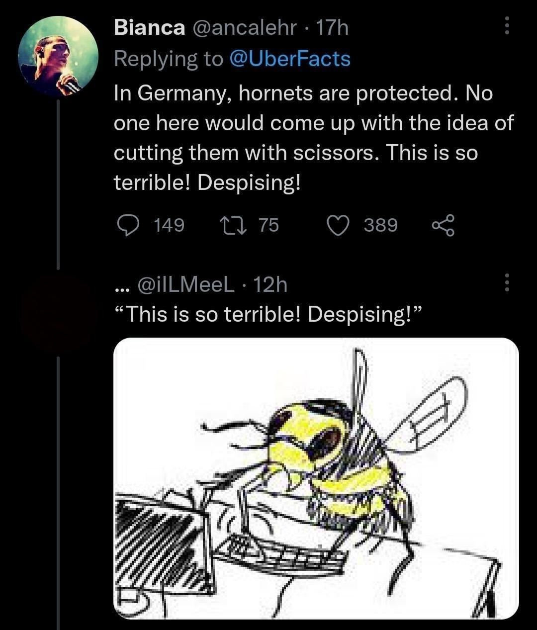 2 Bianca ancalehr 17h Replying to UberFacts In Germany hornets are protected No one here would come up with the idea of cutting them with scissors This is so terrible Despising w ilLMeel 12h This is so terrible Despising
